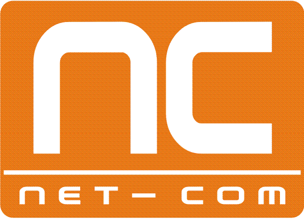 Logo firmy NET-COM, napis NC na pomarańczowym tle.